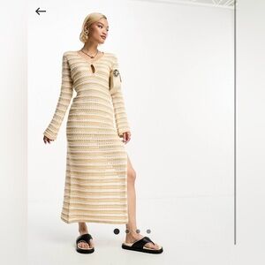 4th & Reckless crochet side split maxi dress in beige stripe